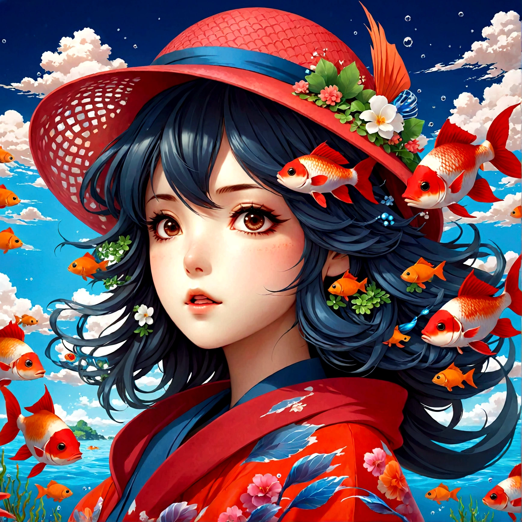 1girl, anime girl with a red hat and a fish in her hair, a beautiful artwork illustration, beautiful anime artwork, beautiful digital illustration, beautiful anime art, beautiful digital artwork, anime style illustration, beautiful anime art style, beautiful anime portrait, anime fantasy illustration, anime styled digital art, anime graphic illustration, japanese art style, exquisite digital illustration, anime art wallpaper 4k, a digital painting by Yuumei, pixiv contest winner, fantasy art, masterpiece, best quality, very aesthetic, absurdres
