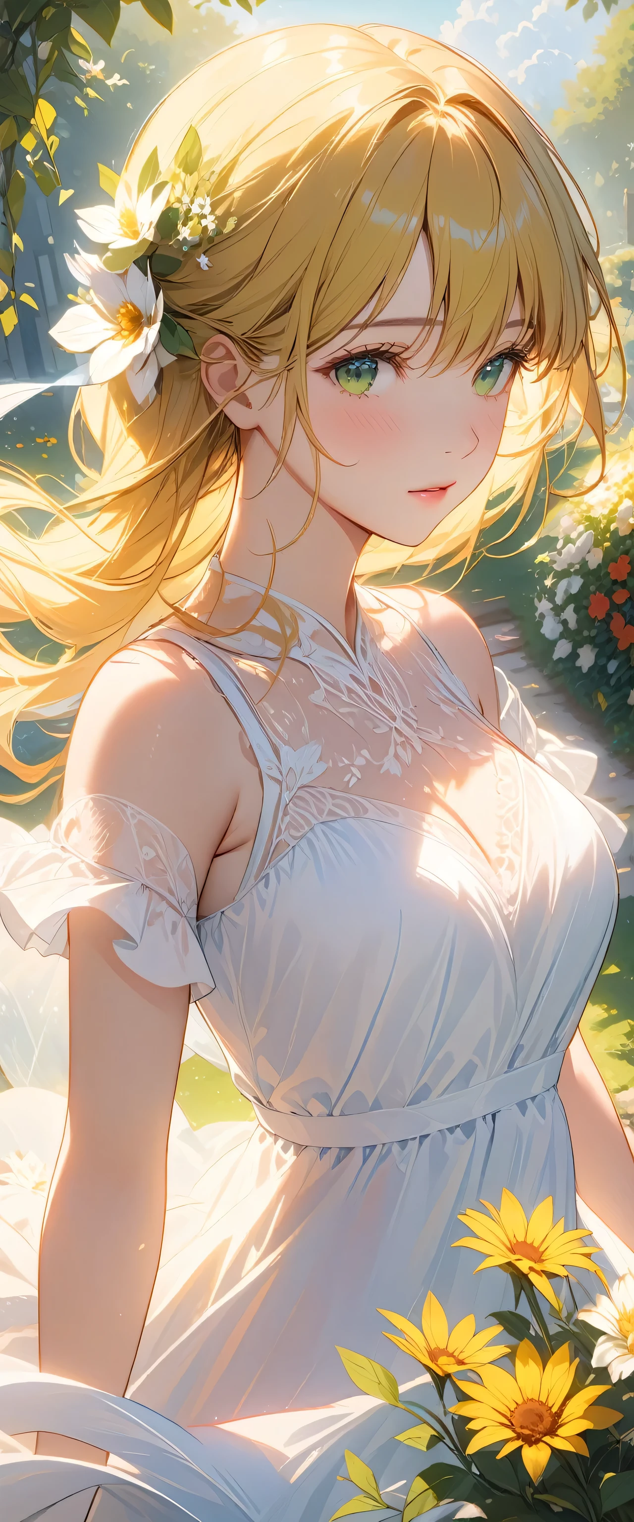 ,(Highest quality,4K,8k,High resolution,masterpiece:1.2),Very detailed,(Realistic,photoRealistic,photo-Realistic:1.37),oil,Portraiture,colorful,pastel colour,Soft lighting,garden,Serene atmosphere,Captivating smile,Pure and innocent,Golden Hour,Slightly blurred background,Vibrant colors,Happy expression,long flowing hair,Graceful pose,Natural light,Floating Petals,Dreamy atmosphere,Breeze,Delicate features