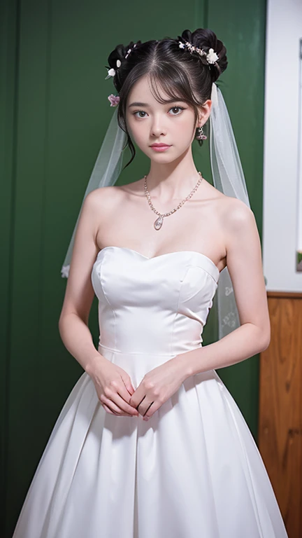 (((Pixel perfect, Perfect details))), alone, 1 girl, Close-up of beautiful bride wearing beautiful wedding dress,Gurwitz, (bridal veil:1.5），（transparent short veil：1.5），blush，eye shadow，Blushing face，Head flower,（tube top wedding dress：1.5），（silk dress：1.2）,（strapless wedding dress：1.5）,pure white dress，necklace，earring, medium breasts:1.3)，Bangs，lipstick，（White long elbow gloves：1.4）,full-body shot,High-detail RAW color art,White long skirt，There is only one railway track in the whole body, 18 years old, （long twintails：1.5）,(double bun:1.5), black hair