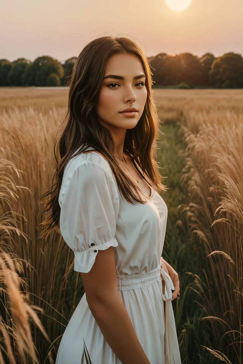 a woman standing in a field of tall grass with the sun setting, gorgeous woman, cinematic beautiful natural skin, attractive woman, attractive girl, photo of a beautiful woman, gorgeous attractive face, extremely beautiful face, in a field, beautiful female model, portrait of a beautiful model, soft portrait shot 8 k, beautiful delicate face, a beautiful young woman, attractive beautiful face
