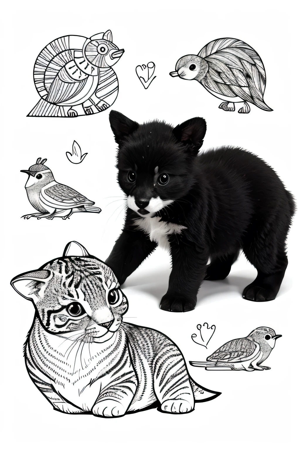 Create a black and white coloring book featuring adorable baby animals from various habitats around the world, with full-page illustrations designed to be cute and engaging