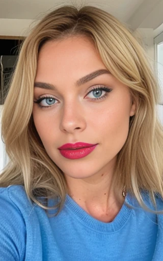 belle blonde en pull sexy rouge  yeux bleus femme magnifique