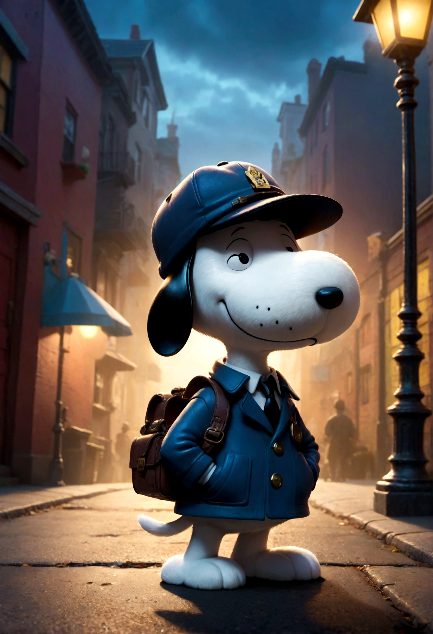 Snoopy, by Charles M. Schulz, detective, deerstalker, hold magnifier in hand, street, dynamic pose, dramatic composition, 90s cartoon art style, cinematic dynamic action scene, vibrant colors, cinematic lighting, dramatic lighting, best quality, masterpiece, very aesthetic, perfect composition, intricate details, ultra-detailed