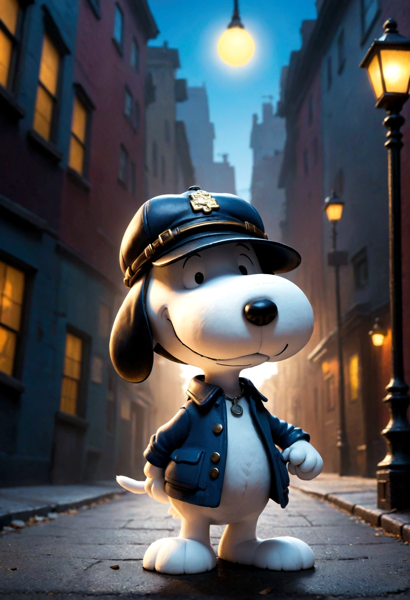 Snoopy, by Charles M. Schulz, detective, deerstalker, hold magnifier in hand, street, dynamic pose, dramatic composition, 90s cartoon art style, cinematic dynamic action scene, vibrant colors, cinematic lighting, dramatic lighting, best quality, masterpiece, very aesthetic, perfect composition, intricate details, ultra-detailed