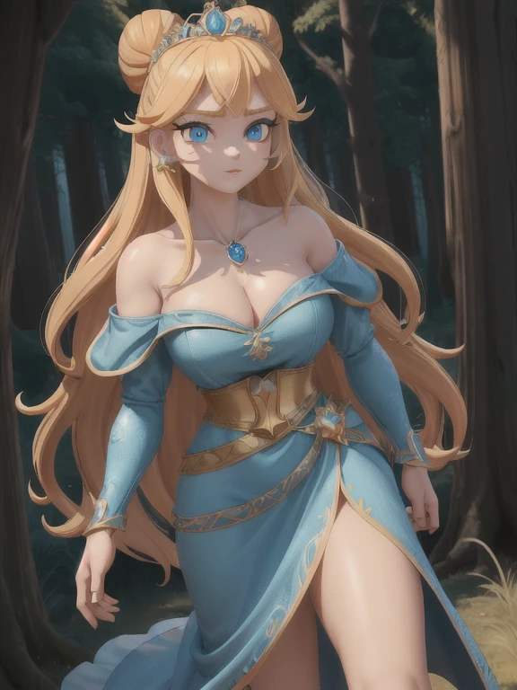 ((Best quality)), ((Masterpiece)), (detailed), perfect face perfect figure, Middle Ages, forest background, 26 year old, Scandinavian woman, Princess, Golden hair, bun-like hairstyle, bright blue eyes, pale skin, large breasts, tight blue dress, off shoulder, cleavage, diamond tiara, blue heels, walking, high resolution, (ultra-detailed), (best illustration), (best shadow), (absurdres), (perfect hands, perfect anatomy), (4k textures), epic artistic, sharp focus, even lighting, insane details, intricate details, hyperdetailed, rich colors,
