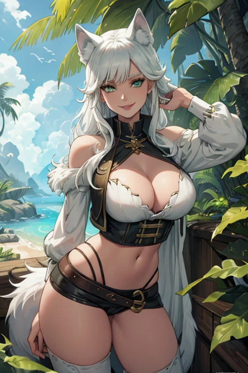 A white haired wolf woman with green eyes and white wolf ears and a white wolf tail in a pirate's outfit is exploring a tropical jungle with a big smile

