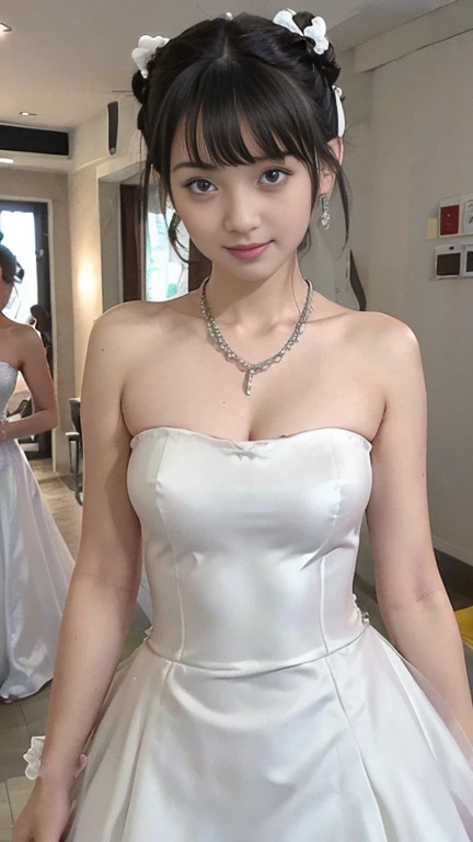 (((Pixel perfect, Perfect details))), alone, 1 girl, Close-up of beautiful bride wearing beautiful wedding dress,Gurwitz, (bridal veil:1.5),(transparent short veil:1.5),blush,eye shadow,Blushing face,Head flower,(tube top wedding dress:1.5),(silk dress:1.2),(strapless wedding dress:1.5),pure white dress,necklace,earring, medium breasts:1.3),Bangs,lipstick,(White long elbow gloves:1.4),full-body shot,High-detail RAW color art,White long skirt,There is only one railway track in the whole body, 18 years old, (long twintails:1.5),(double bun:1.5), black hair