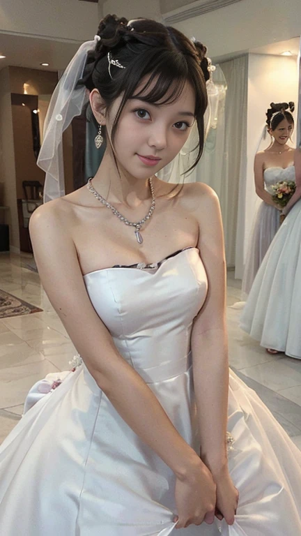 (((Pixel perfect, Perfect details))), alone, 1 girl, Close-up of beautiful bride wearing beautiful wedding dress,Gurwitz, (bridal veil:1.5），（transparent short veil：1.5），blush，eye shadow，Blushing face，Head flower,（tube top wedding dress：1.5），（silk dress：1.2）,（strapless wedding dress：1.5）,pure white dress，necklace，earring, medium breasts:1.3)，Bangs，lipstick，（White long elbow gloves：1.4）,full-body shot,High-detail RAW color art,White long skirt，There is only one railway track in the whole body, 18 years old, （long twintails：1.5）,(double bun:1.5), black hair