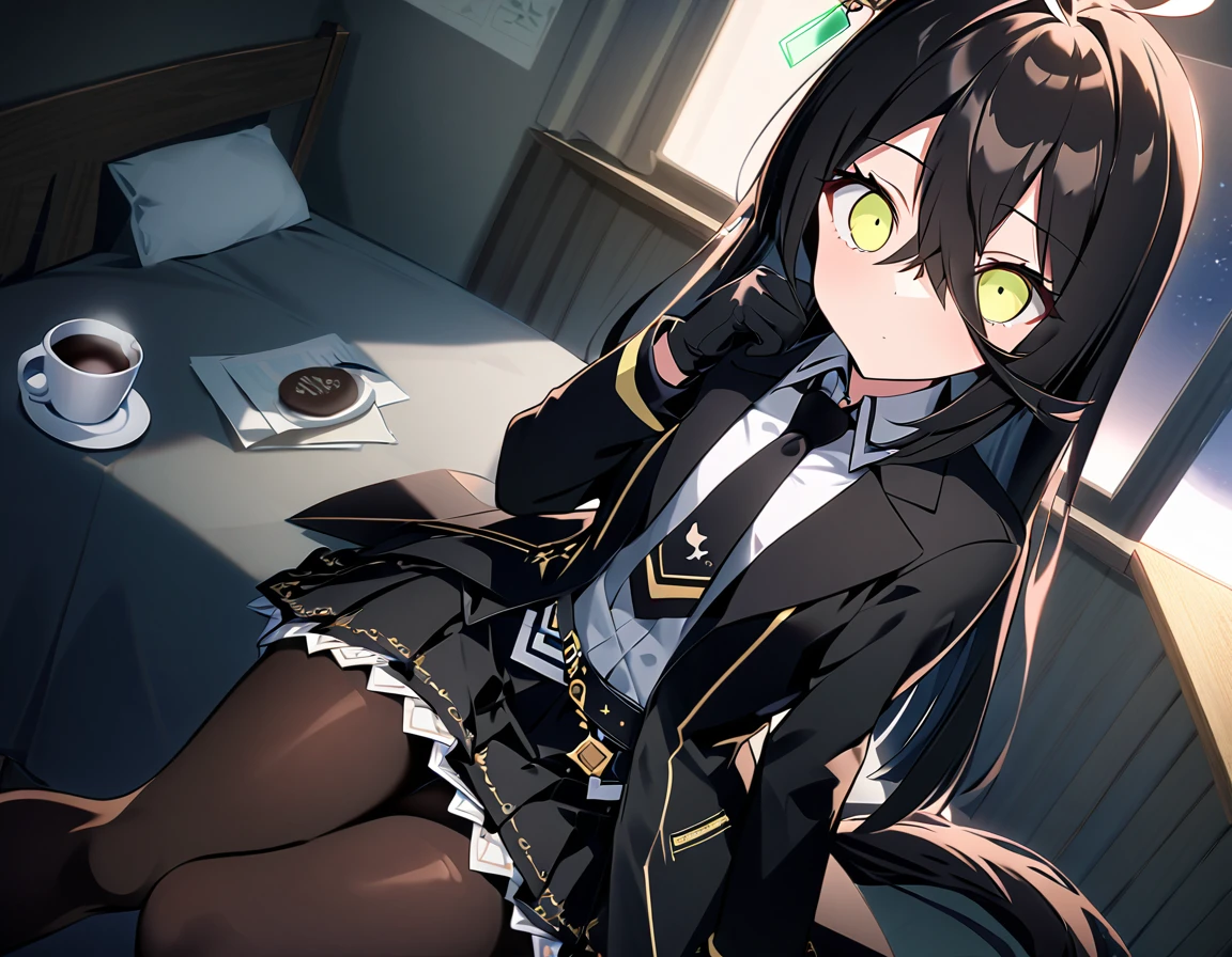 score_9, score_8_superior, score_7_superior, sauce_anime, evaluation_Safety, alone, One girl, Manhattan Cafe, Expressionless, View Viewer, Have a coffee mug, Ahoge, Black jacket, shirt, tie, Black gloves, skirt, pantyhose, Single earring, Horse tail ,moonlight，Unlit room，