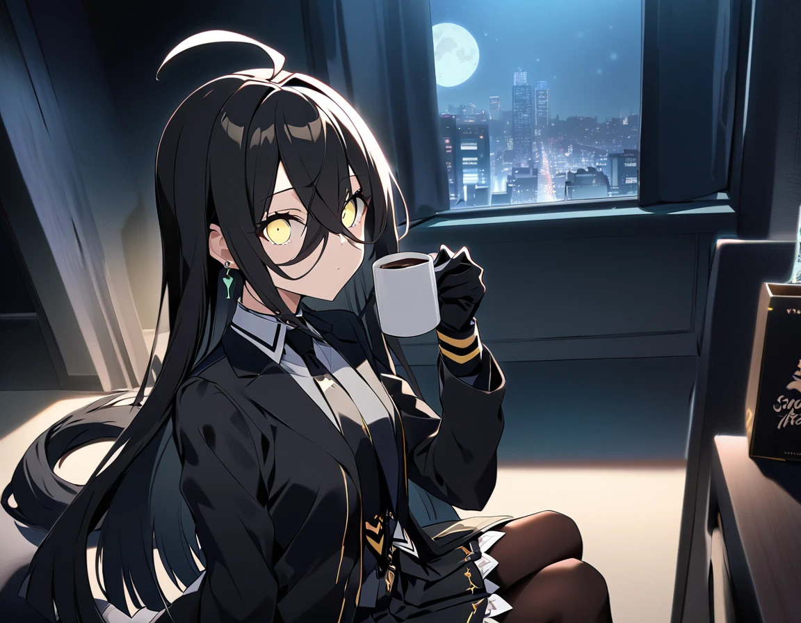 score_9, score_8_superior, score_7_superior, sauce_anime, evaluation_Safety, alone, One girl, Manhattan Cafe, Expressionless, View Viewer, Have a coffee mug, Ahoge, Black jacket, shirt, tie, Black gloves, skirt, pantyhose, Single earring, Horse tail ,moonlight，Unlit room，