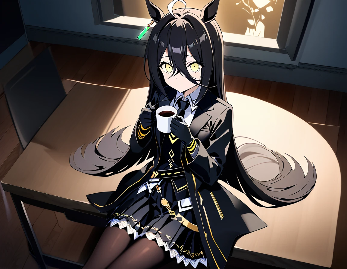 score_9, score_8_superior, score_7_superior, sauce_anime, evaluation_Safety, alone, One girl, Manhattan Cafe, Expressionless, View Viewer, Have a coffee mug, Ahoge, Black jacket, shirt, tie, Black gloves, skirt, pantyhose, Single earring, Horse tail ,moonlight，Unlit room，