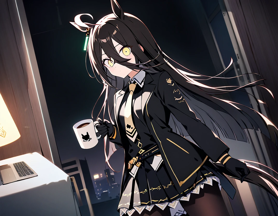 score_9, score_8_superior, score_7_superior, sauce_anime, evaluation_Safety, alone, One girl, Manhattan Cafe, Expressionless, View Viewer, Have a coffee mug, Ahoge, Black jacket, shirt, tie, Black gloves, skirt, pantyhose, Single earring, Horse tail ,moonlight，Unlit room，