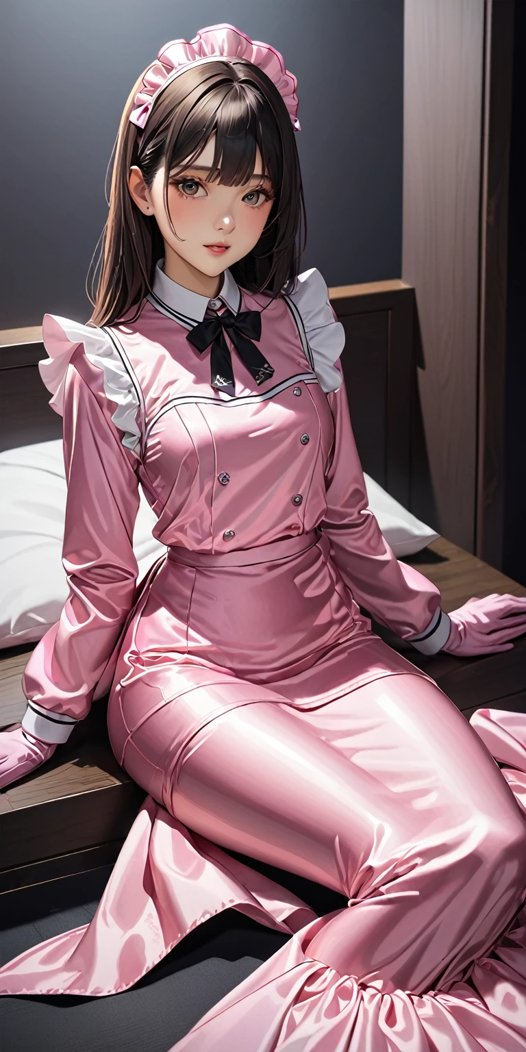 (masterpiece,highest quality,超A high resolution),Japanese women, (((Very beautiful 25 year old girl))),(Pink satin maid uniform)、Pink satin mermaid skirt、Pink satin long sleeve shirt、Pink satin long gloves、The clothes fit snugly to the body、Satin is very shiny.、Dark Room