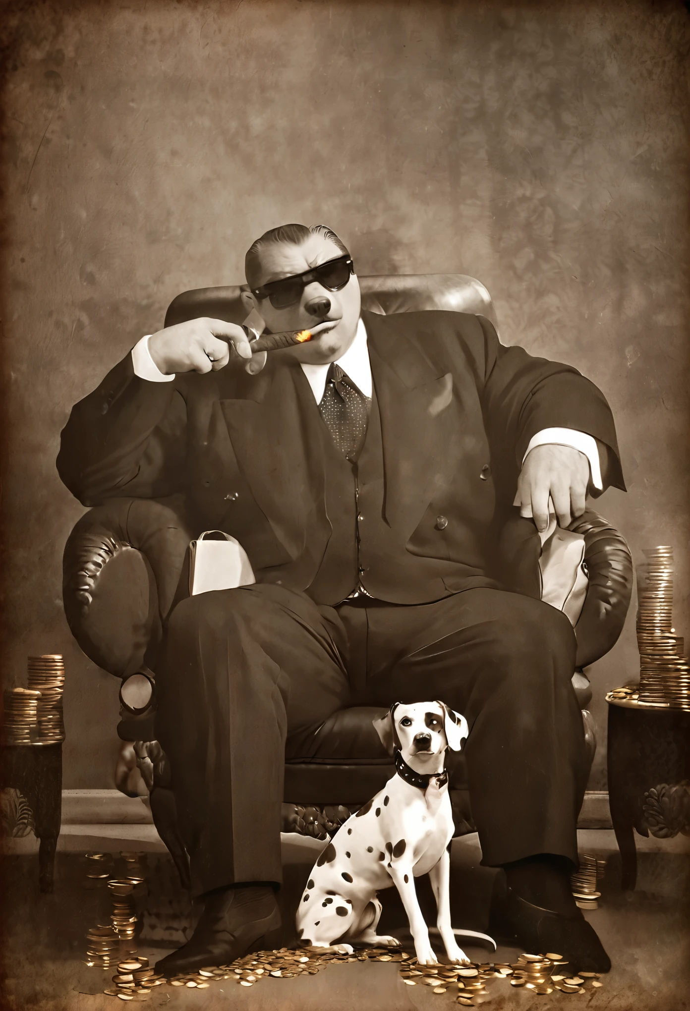 Wear sunglasses, An old Dalmatian dog with a cigar and a mafia boss sitting in an armchair, Gold coins falling from the sk, Vintage Sepia Photography,