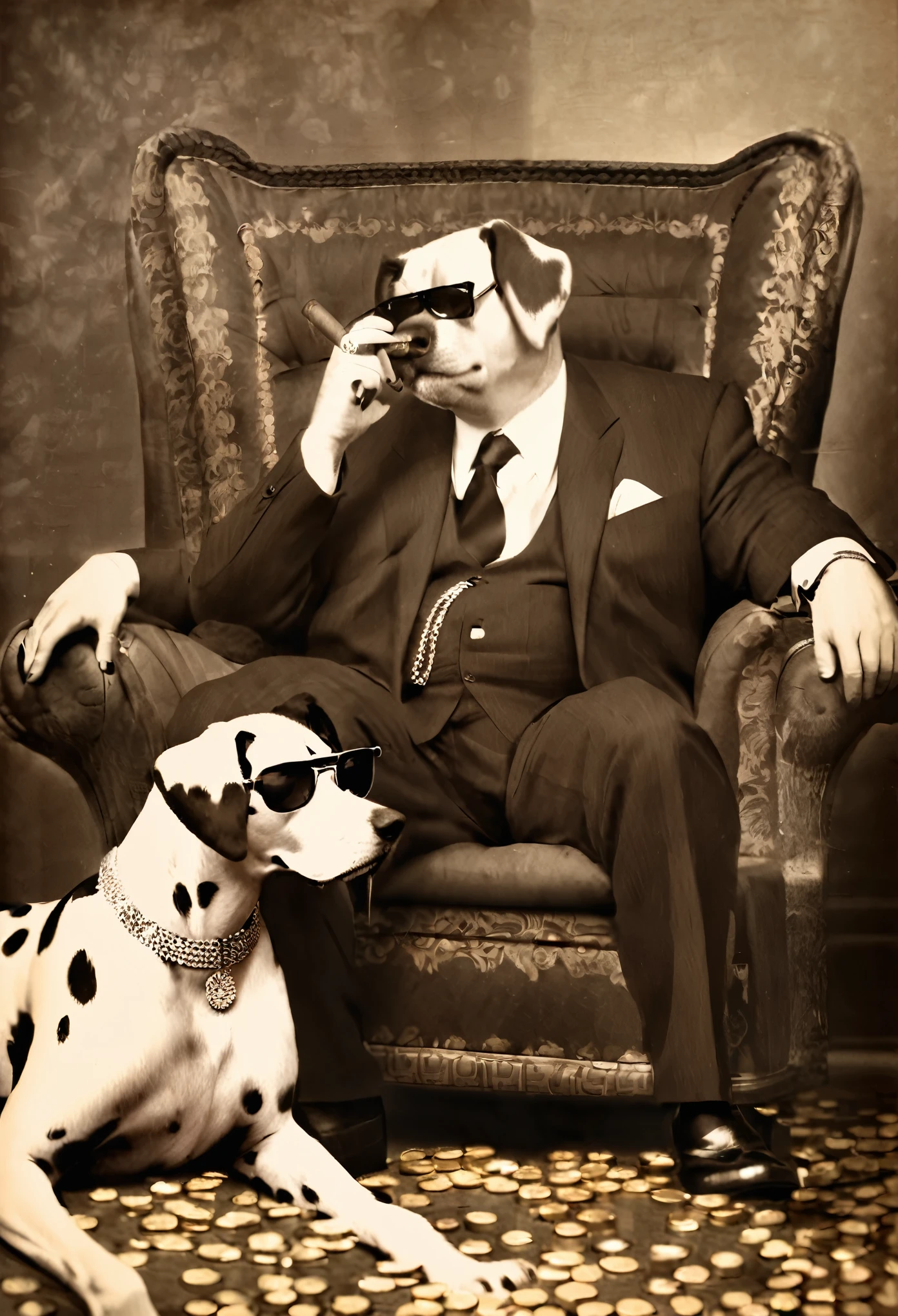 Wear sunglasses, An old Dalmatian dog with a cigar and a mafia boss sitting in an armchair, Gold coins falling from the sk, Vintage Sepia Photography,