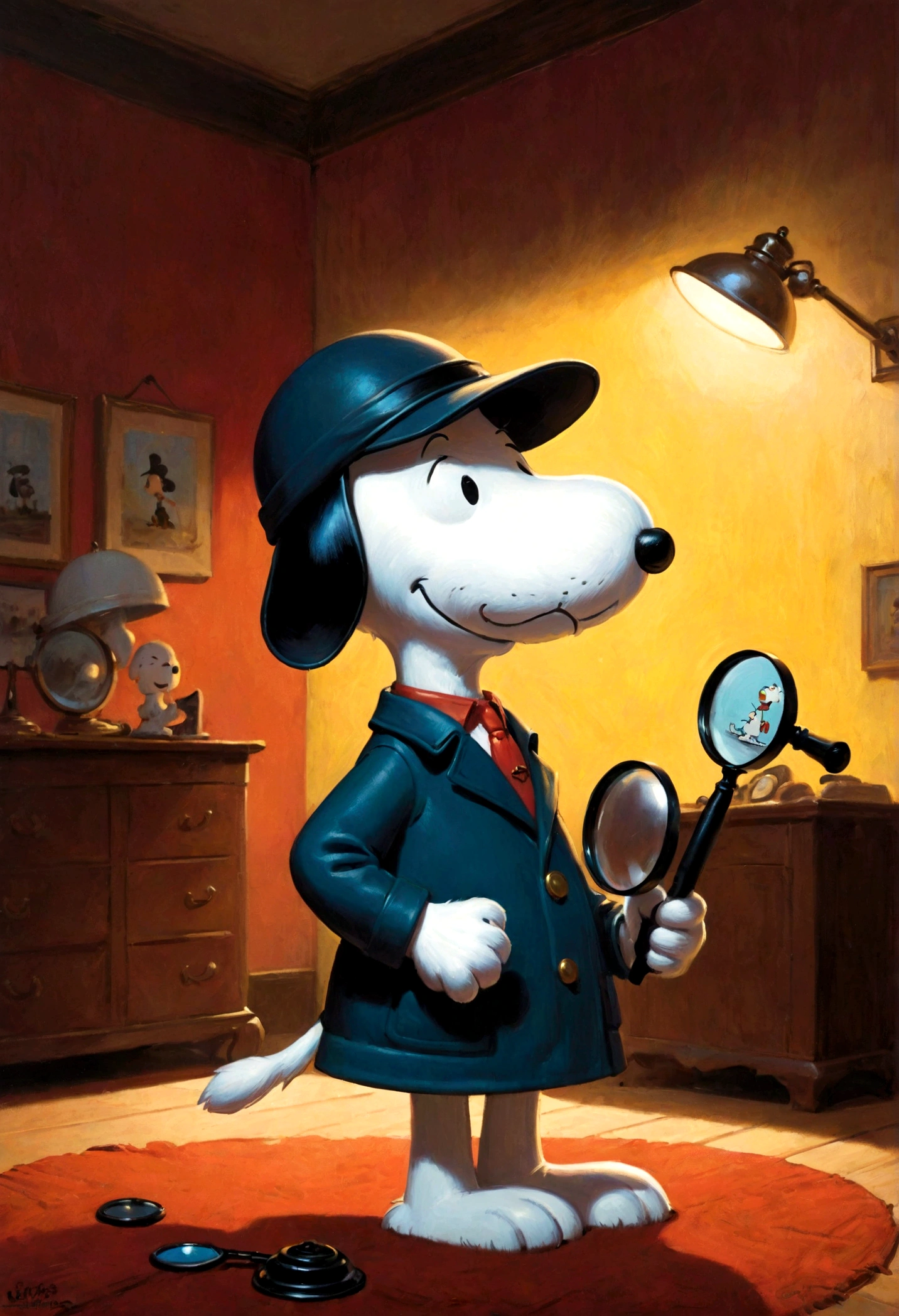 Snoopy, by Charles M. Schulz, detective, deerstalker, magnifier on hand, room, indoor, dynamic pose, dramatic composition, 90s cartoon art style, cinematic dynamic action scene, vibrant colors, cinematic lighting, dramatic lighting, best quality, masterpiece, very aesthetic, perfect composition, intricate details, ultra-detailed