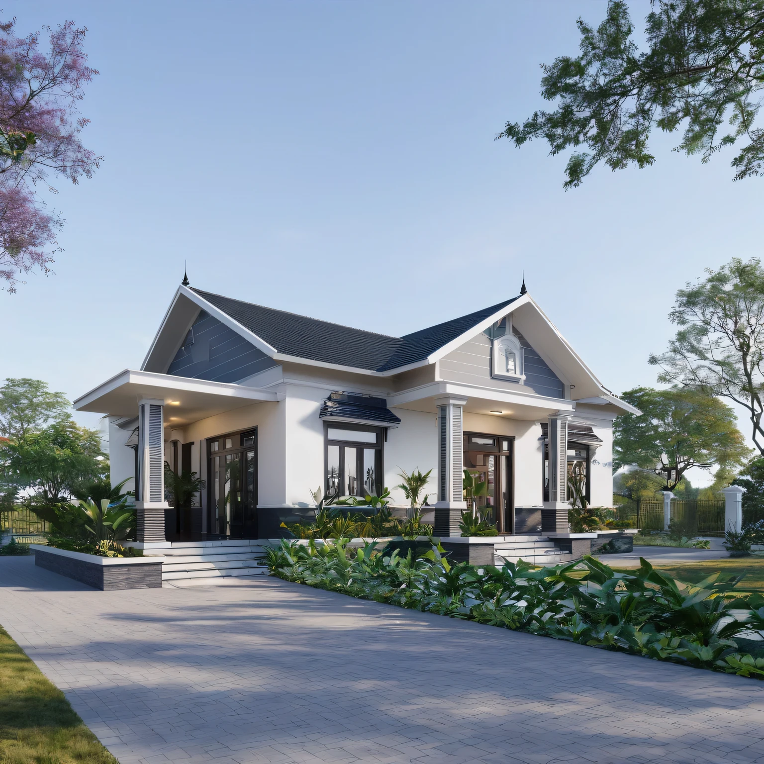Raw photo,Masterpiece, high quality, best quality, authentic, super detail,
exterior, outdoors, house, Nhamaithai, aiaigroup on the tropical garden, minimalist line,onestoreyvilla
grass,tropical trees, sky, (day:1.1),