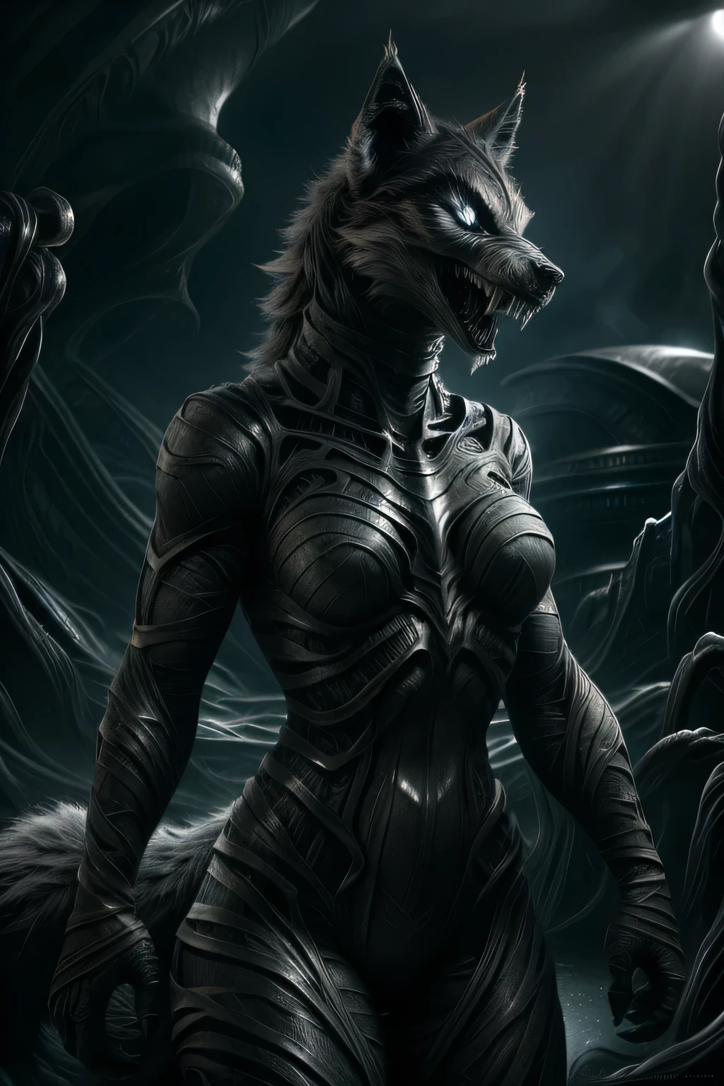 (Best Quality,Ultra-detailed,Realistic:1.37),wolf women, wolf female, female, Wolf body,sharpteeth,ominous lighting,Silvertone,Alien Symbiote Set,full body