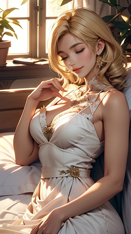 Lying, close up, sleeping, pillow, closed eyes, Delicate and beautiful CG art), (highest quality, Very detailed, High resolution), (Dynamic Lighting), (One character), (blonde hair), (Beautiful Face), 1 girl, (Long sideburns, plant, smile, gown white transparent dress, bed, hands down