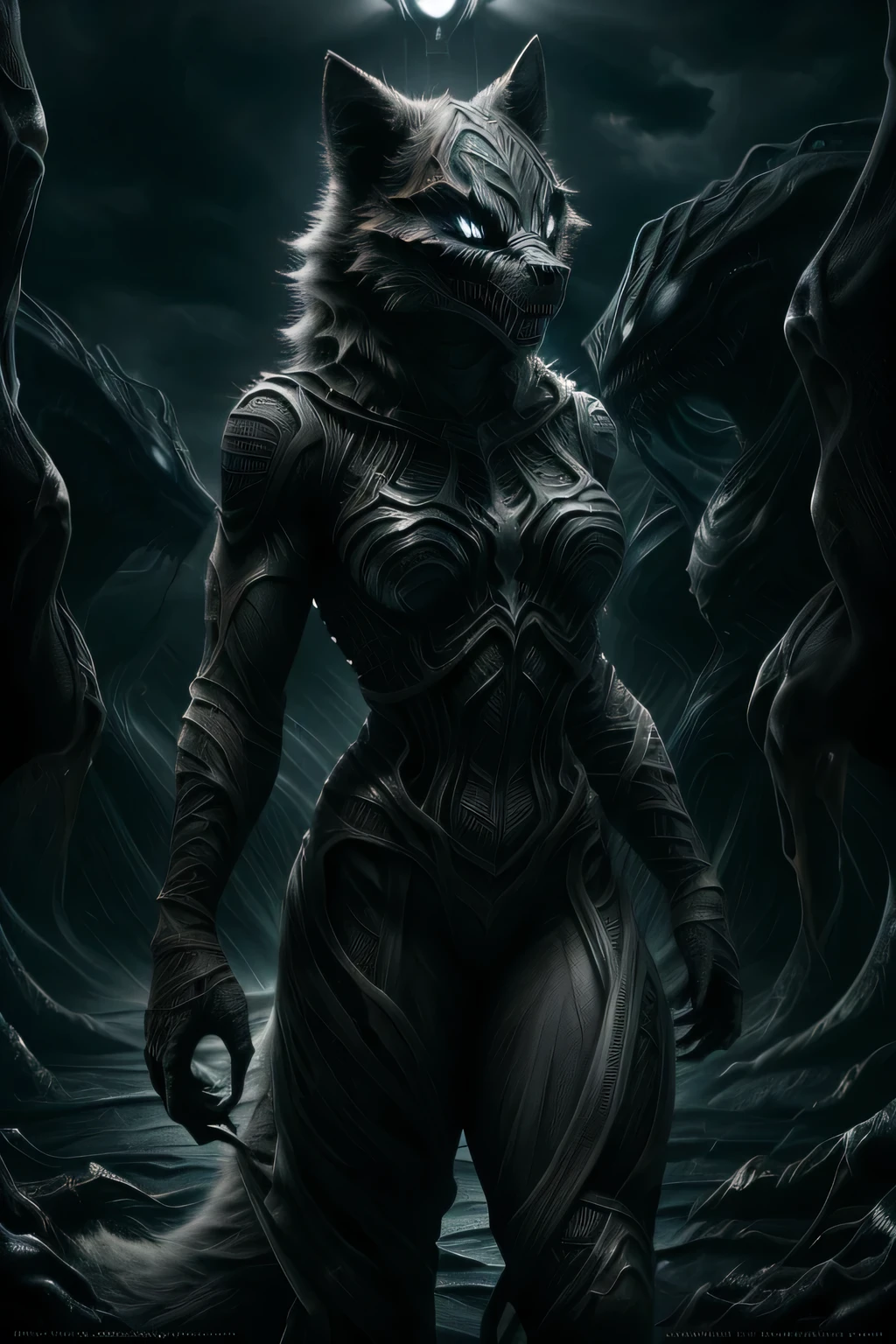 (Best Quality,Ultra-detailed,Realistic:1.37),wolf women, wolf female, female, Wolf body,sharpteeth,ominous lighting,Silvertone,Alien Symbiote Set,full body