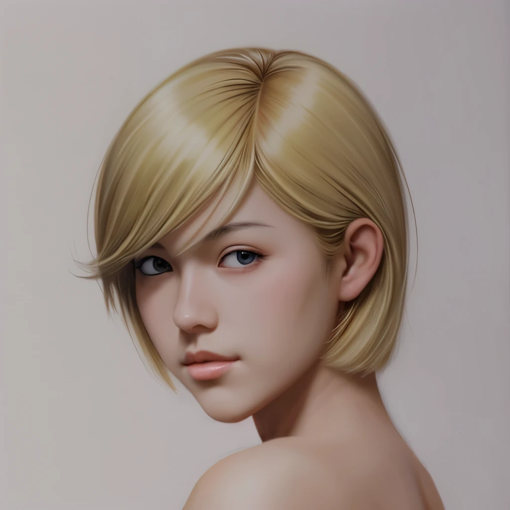 1 girl,beautiful, masterpiece, best quality, White background,Takahashi Kazuya, concept art, Blonde,short hair