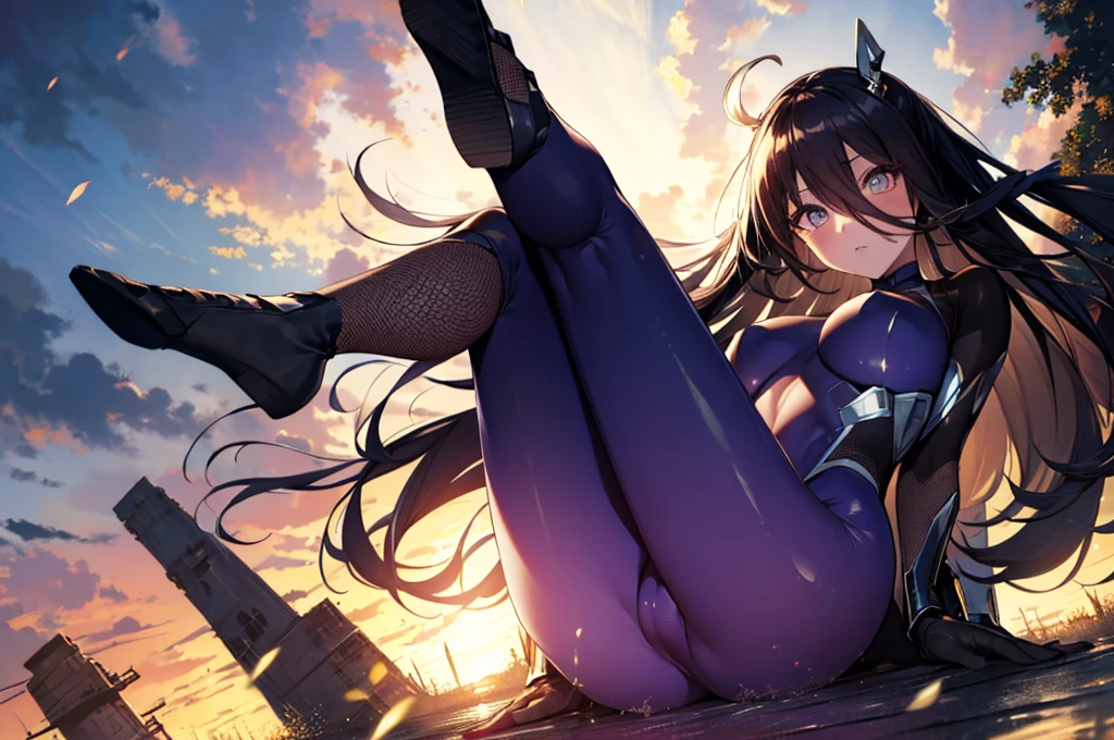 highest quality，detailed descriptiの上，whole bodyエスビアン，whole body，Kung Fu Pose，Spread your legs，Sweaty, Manhattan Cafe, Black Hair，Long Hair，Expressionless, View Viewer, Ahoge, Black gloves, Single earring, tail，flowing bangs,1 girl, (((highest quality))), Anatomically correct, grown, Big Ass, Devil Nin Suit,Rinko Costume, long 髪, ,High Ponytail, Side Lock, Ninja Artist, Shiny服, Impossible Bodysuit, Perfect for your skin, Purple bodysuit, fishing net, Underbust cut out, Arm guard, Underbust,cute, Looking at the audience, Beautiful Eyes, Beautiful background, Particles of light, Light of the sun, Dramatic lighting, outside, Shiny, Realistic, highest quality, Very detailed, Get used to it, scenery, Beautiful and detailed, thin 髪，