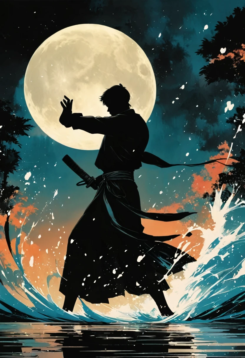 (纯Black silhouette,Heroine fighting silhouette:1.5),(fighting stance,Strong dynamics:1.4),On the Lake,High contrast, light, mysterious atmosphere,,lotus,Lotus Leaf,ripple,(Water splash;1.4),A moon,Strong dynamics,martial arts,effort,Black silhouette,Extreme backlight shooting,照片上呈现出Black silhouette(No color or detail),High contrast against bright background
