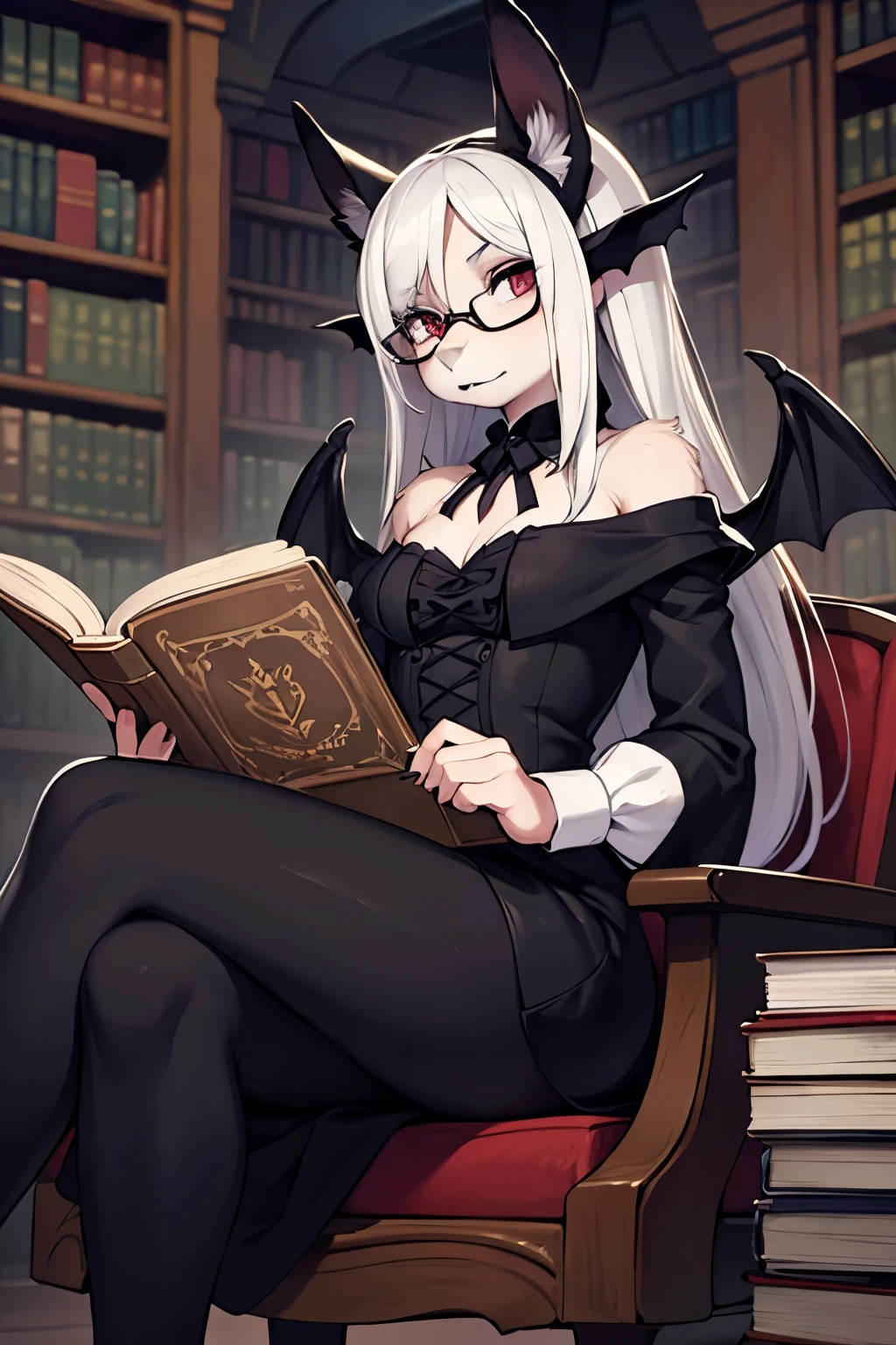 furry, bat, read  a book, halbmondbrille, bibliothek, sitting, long black white hair, gothic outfit, bat wings,