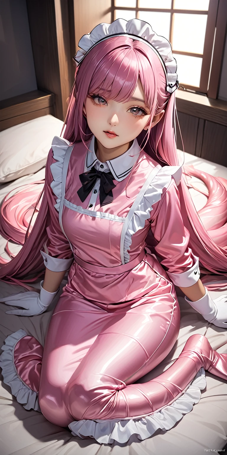 (masterpiece,highest quality,超A high resolution),Japanese women, (((Very beautiful 25 year old girl))),(Pink satin maid uniform)、Pink satin mermaid skirt、Pink satin long sleeve shirt、Pink satin long gloves、The clothes fit snugly to the body、Satin is very shiny.、Dark Room