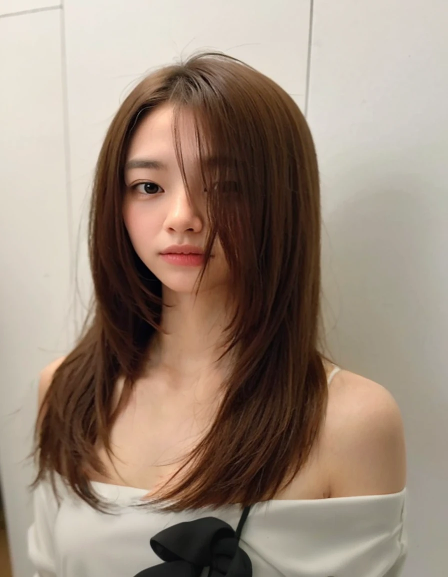 Best Quality, 8k, Masterpiece, (Portrait: 1.3), (photo realistic:1.4), (hyper realistic:1.4), Sharp Focus, looking at viewer, (smoother lighting:1.1), (increase cinematic lighting quality:0.9), realistic lighting, backlighting, light on face, ray trace, (brightening light:1.2), (Increase quality:1.4), sharp detail, (best quality real texture skin:1.4), finely detailed eyes, black_eyes, finely detailed face, 25 year old Korean woman, (white formal_shirt:1.4), (Create an image maintaining the original base model hairstyle:1.5)