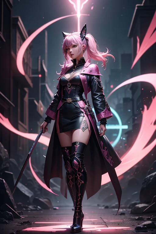 Niji mode, human sorcerer secret agent, human face with pink and black dragon ears, full body, wearing an elegant suit made of fine fabric and with magic circuits, holding in both hands a sword with a long handle with carved magic details glowing, glowing eyes, RPG costume , tanned skin, neon punk, art book, Studio ghibli, wide setting, in the middle of a retro cyber punk magical metropolis, magical light reflected in the hair and ear, aura of light, stylish dynamic pose, side view,  old anime