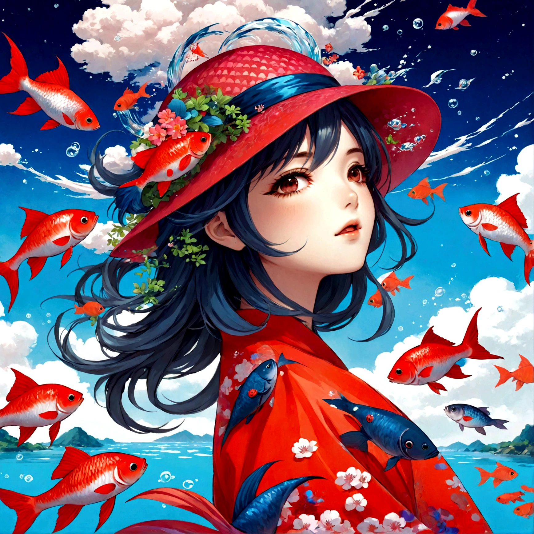 1girl, anime girl with a red hat and a fish in her hair, a beautiful artwork illustration, beautiful anime artwork, beautiful digital illustration, beautiful anime art, beautiful digital artwork, anime style illustration, beautiful anime art style, beautiful anime portrait, anime fantasy illustration, anime styled digital art, anime graphic illustration, japanese art style, exquisite digital illustration, anime art wallpaper 4k, a digital painting by Yuumei, pixiv contest winner, fantasy art, masterpiece, best quality, very aesthetic, absurdres