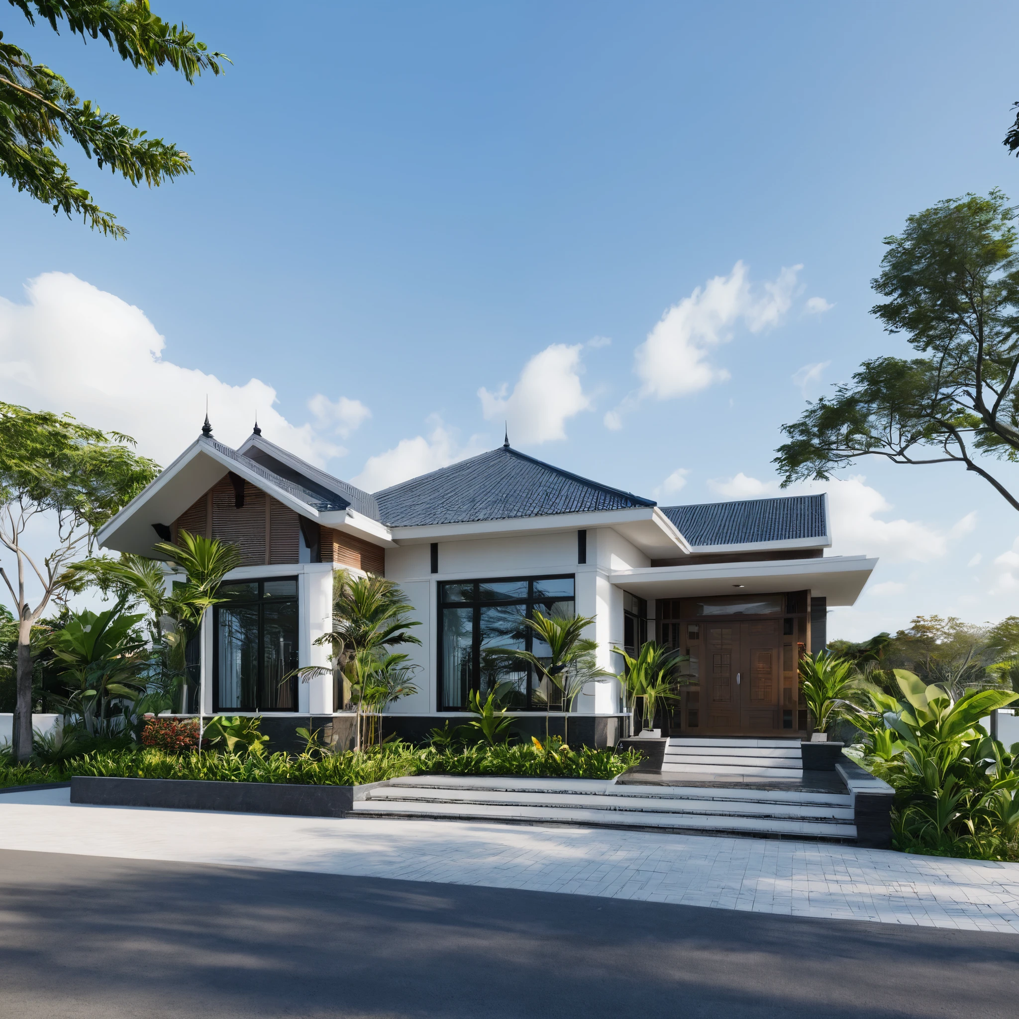 Raw photo,Masterpiece, high quality, best quality, authentic, super detail,
exterior, outdoors, house, Nhamaithai, aiaigroup on the tropical garden, minimalist line,onestoreyvilla
grass,tropical trees, sky, (day:1.1),