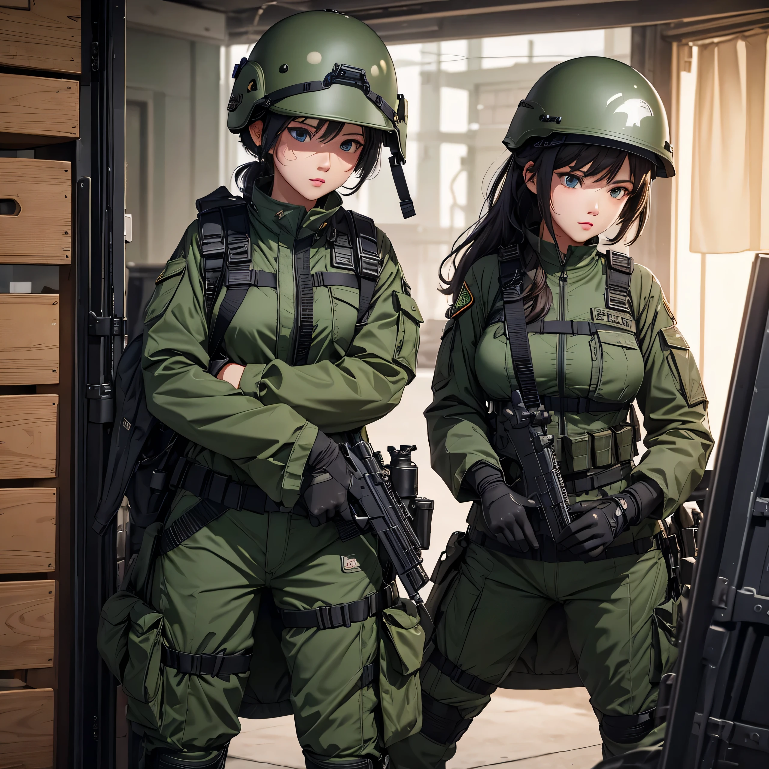First-person shooting、Three female special forces、Wear dark green M51 combat uniform、Put on a helmet、See the crotch、Write details、masterpiece、best quality、Highly detailed CG、8K picture quality