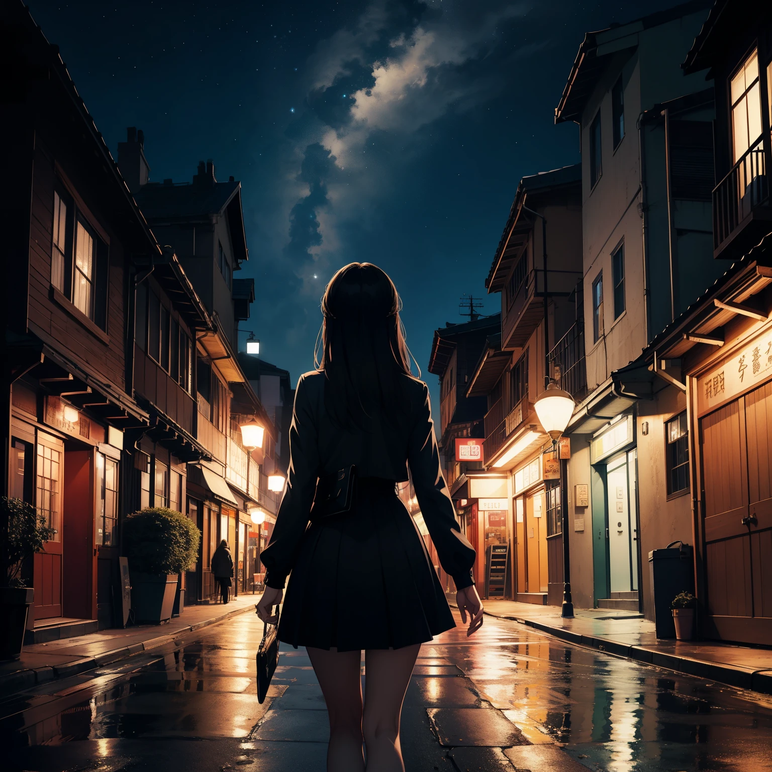 ((highest quality)), ((masterpiece)), (detailed), One girl, Night Town、Back view、Overlooking the city、night、I can't see your face、Make people smaller、Skin is invisible