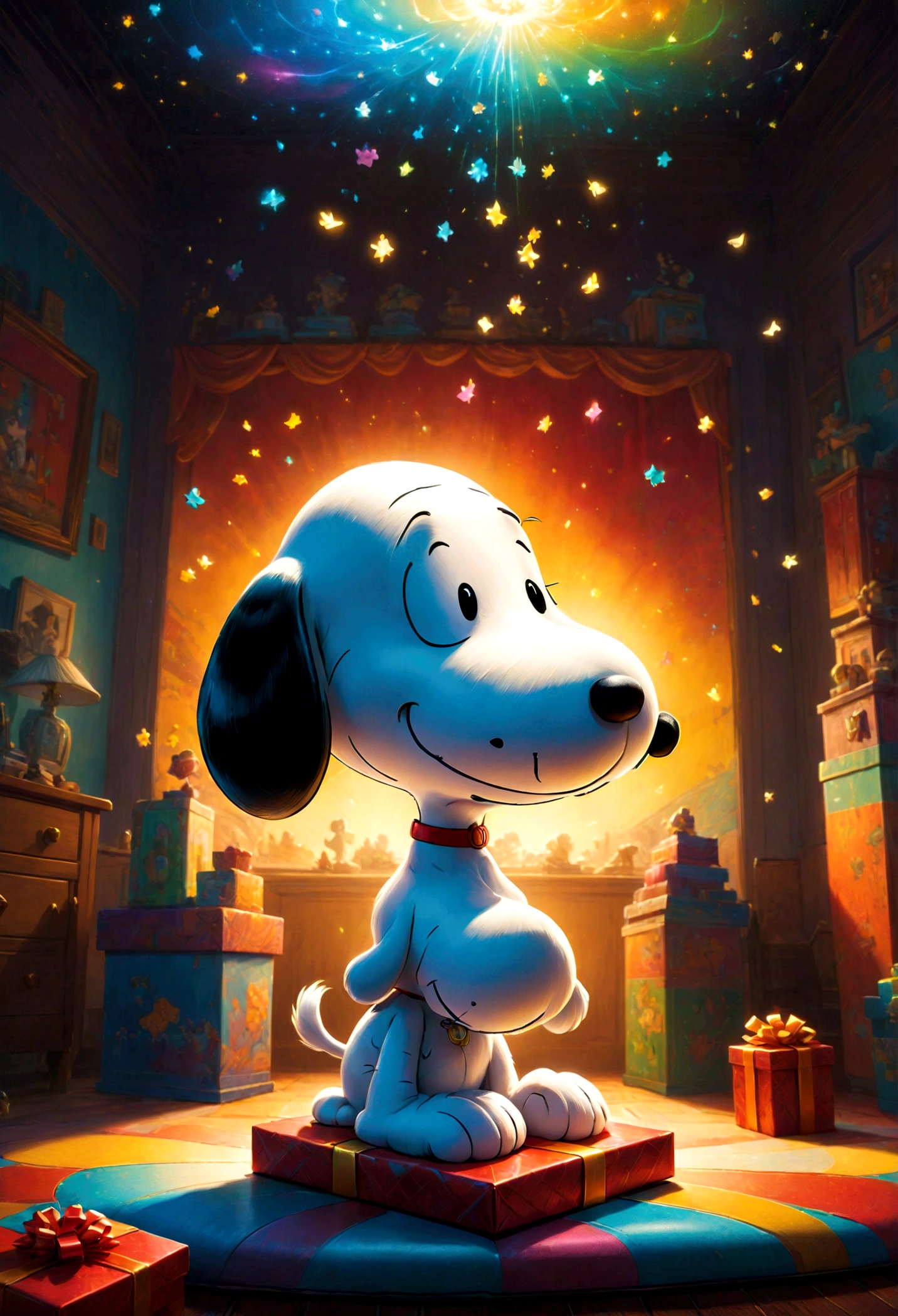 Snoopy, by Charles M. Schulz, hold gift, happy, room, indoor, dynamic pose, dramatic composition, 90s cartoon art style, cinematic dynamic action scene, vibrant colors, cinematic lighting, dramatic lighting, best quality, masterpiece, very aesthetic, perfect composition, intricate details, ultra-detailed