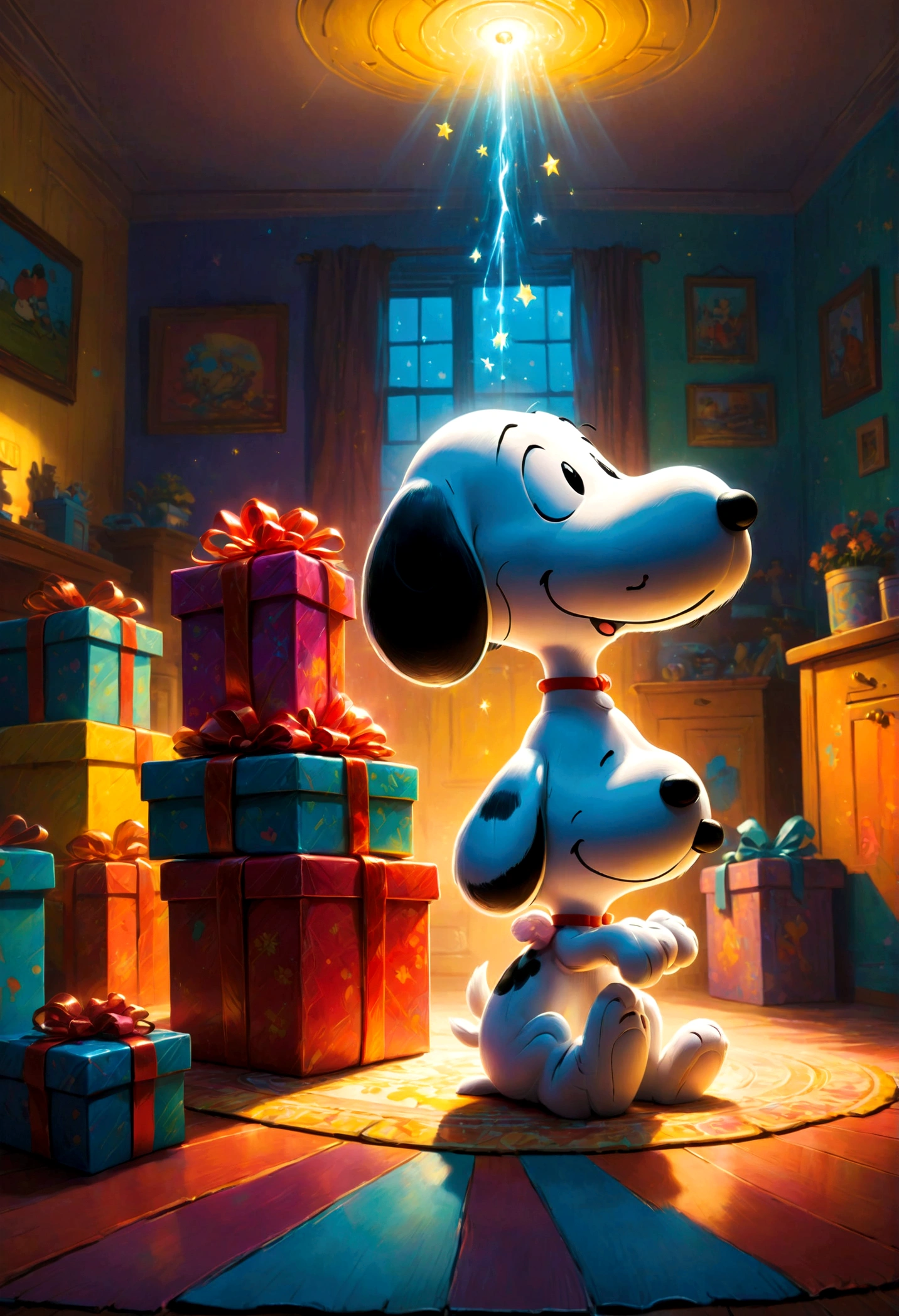 Snoopy, by Charles M. Schulz, hold gift, happy, room, indoor, dynamic pose, dramatic composition, 90s cartoon art style, cinematic dynamic action scene, vibrant colors, cinematic lighting, dramatic lighting, best quality, masterpiece, very aesthetic, perfect composition, intricate details, ultra-detailed