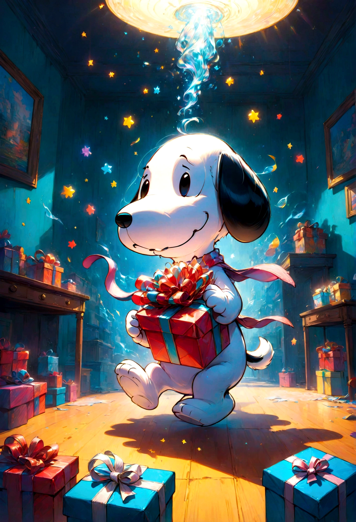 Snoopy, by Charles M. Schulz, hold gift, happy, room, indoor, dynamic pose, dramatic composition, 90s cartoon art style, cinematic dynamic action scene, vibrant colors, cinematic lighting, dramatic lighting, best quality, masterpiece, very aesthetic, perfect composition, intricate details, ultra-detailed