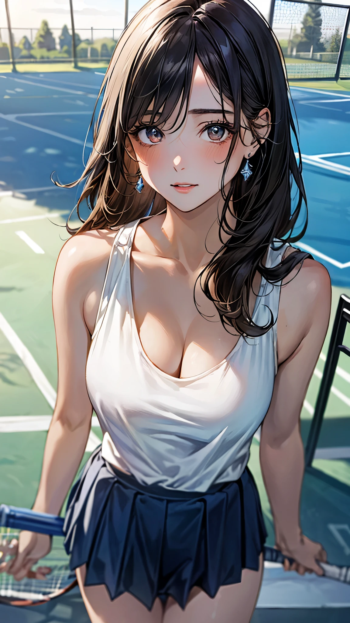 (masterpiece, top-quality, ultra high res, ultra detailed), (realistic, photorealistic:1.2), beautiful illustration, perfect lighting, natural lighting, colorful, depth of fields, nsfw, vulgality, 
beautiful detailed hair, extremely detailed face, beautiful detailed eyes, beautiful clavicle, beautiful body, beautiful chest, beautiful thigh, beautiful legs, beautiful fingers, 
looking at viewer, (from above), 1 girl, , (perfect anatomy, anatomically correct, super detailed skin), cute and symmetrical face, 
perfect face, perfect eyes, perfect body, perfect fingers, (skindentation), white skin, shiny skin,  
(long hair, straight hair, messy hair:0.6, black hair), swept bangs, blue eyes, drooping eyes, long eyelashes, (large breasts, large hip, seductive thighs), slender, outstanding style, 
(white tennis tanktop, blue skirt, blue tennis wristbands), 
(beautiful scenery), evening, (tennis court:1.2), standing, (docile, parted lips), 