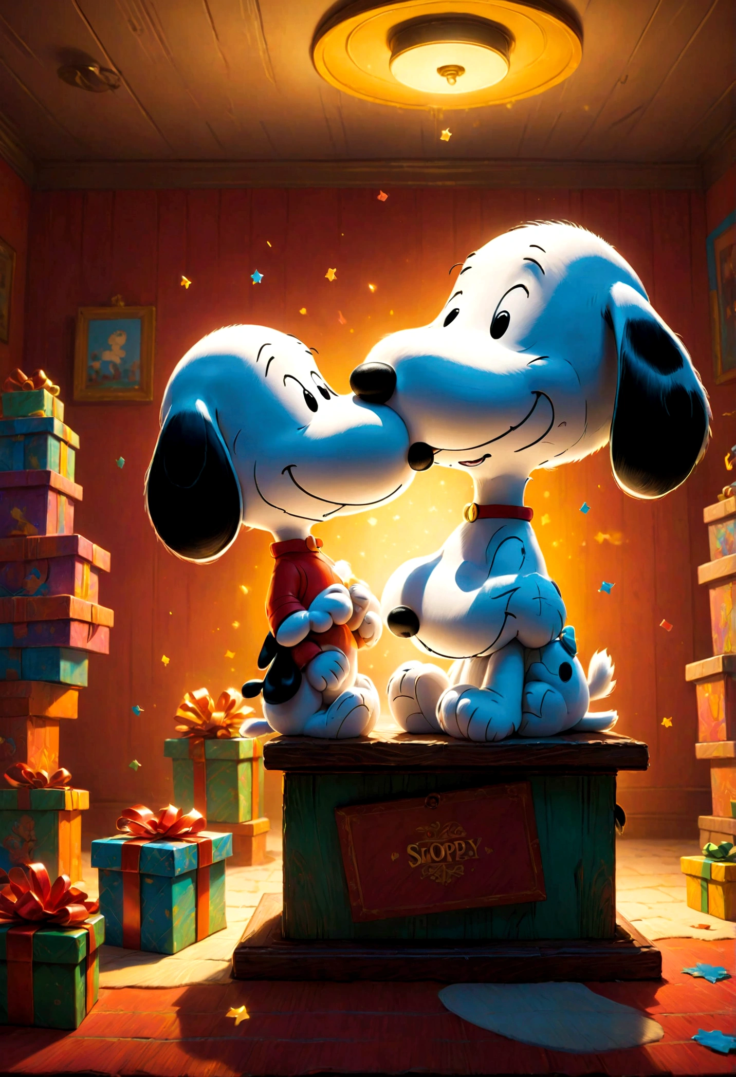 Snoopy, by Charles M. Schulz, hold gift, happy, room, indoor, dynamic pose, dramatic composition, 90s cartoon art style, cinematic dynamic action scene, vibrant colors, cinematic lighting, dramatic lighting, best quality, masterpiece, very aesthetic, perfect composition, intricate details, ultra-detailed