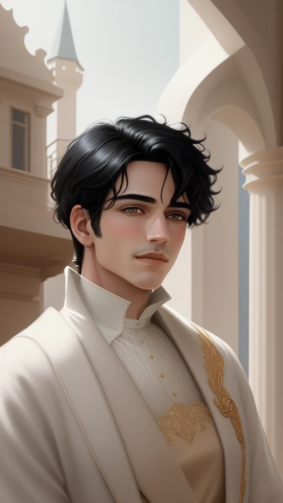 A kind nobleman with emphasized black hair and grey eyes, watching from balcony, half body, upscaled and detailed portrait, highly detailed, 8k, photorealistic, intricate details, beautiful skin, delicate facial features, expressive eyes, elegant royal red and white attire, modern castle in the background, magical atmosphere, warm lighting, vibrant colors, cinematic, fantasy art