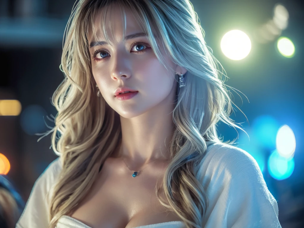 highest quality、8k Masterpiece、超A high resolution、(Photorealistic:1.3)、RAW Photos、1 girl、Silvery white hair、Glowing Skin、1. Super-beautiful Cyberpunk Soldiers、((Ultra-Realistic Details))、Portrait、Global Illumination、Shadow、Octane Rendering、8k、Super sharp、Beautiful breasts、Metal、Cold colors、、Very intricate details、Realistic Light、CGSoation Trend、Beautiful Eyes、Shining Eyes、To the camera、Neon Details、