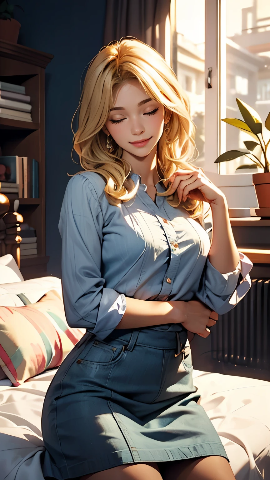 Lying, close up, sleeping, pillow, closed eyes, Delicate and beautiful CG art), (highest quality, Very detailed, High resolution), (Dynamic Lighting), (One character), (blonde hair), (Beautiful Face), 1 girl, (Long sideburns, plant, smile, shirt blue dress and mini skirt, bedroom