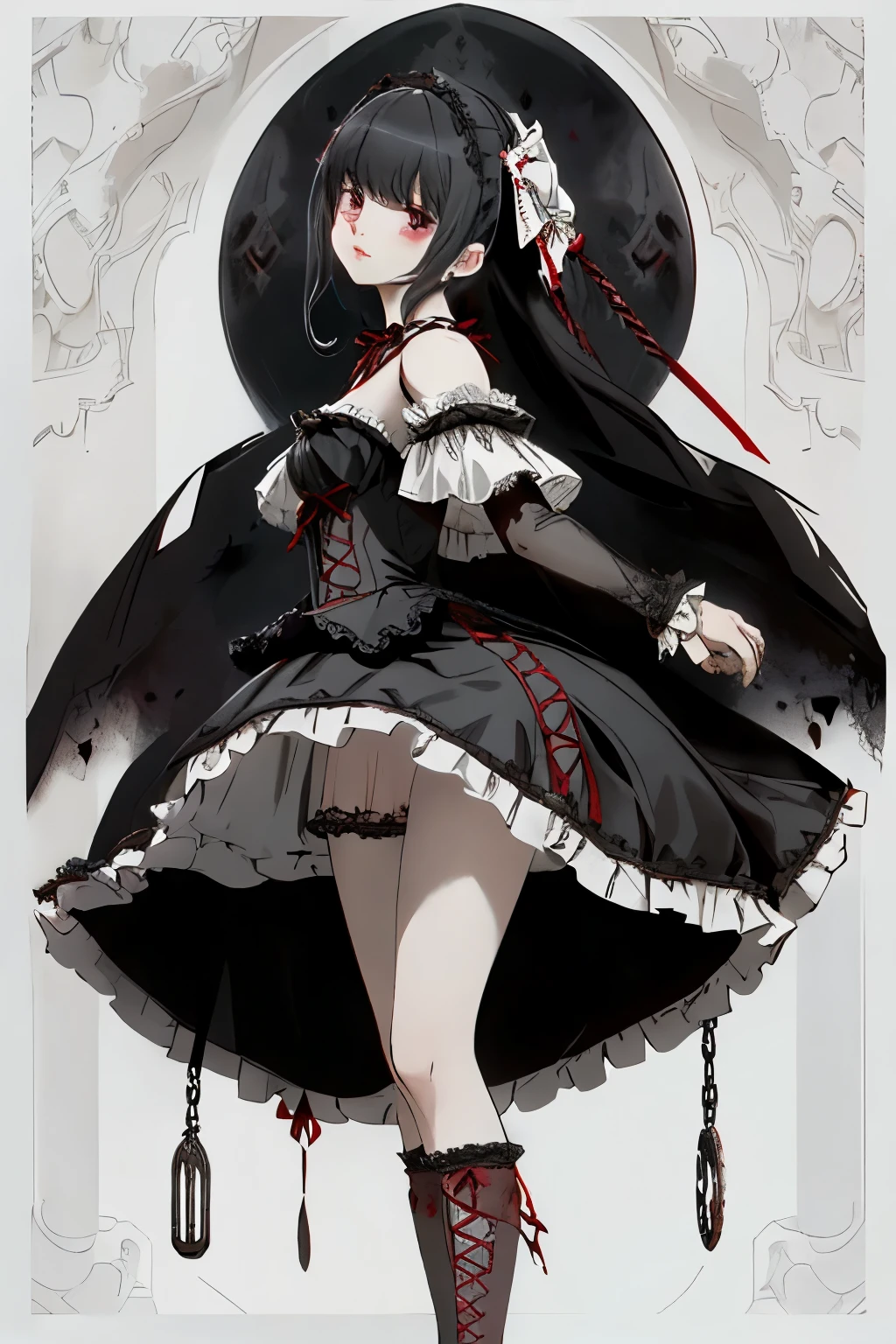 ((best quality)), ((masterpiece)), (detailed), 1girl, off-shoulder, blank white background, plain background, white background, red and white clothing, Bloodborne inspired, occult aesthetic, occult, detailed and intricate steampunk and detailed gothic, NSFW, Very dramatic and cinematic lighting, cosmic horror, grim-dark, side-lighting, perfect face, NSFW, Fluttering lace flared long knee length dress with frilly petticoats, knee length dress, pleated petticoats, lolita dress, petticoats gothic lolita, complex lace boots, side-lighting, gothic lolita aesthetic, wielding a mighty sword with mechanical components, carbine, NSFW, beautiful small breasts, small breasts, full body, whole body, body, plain background, white background, blank background, no background, white background NSFW, full body, whole body, head-to-toe NSFW