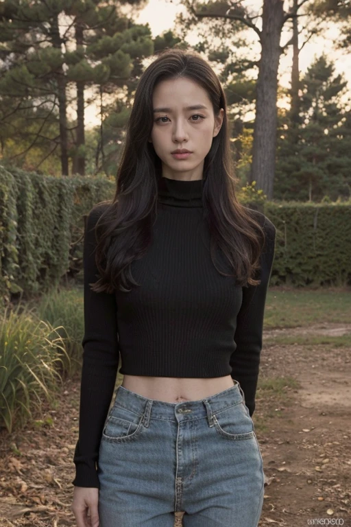 Long-range shooting，(realistic、Practical: 1.3),(Original Photography: 1.3),  8K, Highest quality, Rembrandt Lighting, (Tense atmosphere: 1.2), (Reality: 1.2), (best quality), (Skin details: 1.3), (Intricate details), Dramatic,1 Woman，Mature woman，Wearing a sweater, whole body肖像, Pretty Face, beautiful eyes, Perfect body，Slender long legs，Very detailed details，Real skin texture, Late Night，Night view, garden, Trees, Award-winning photos, best quality, whole body, Jennifer Connelly, Nikon d850 film stock photos 4 Kodak 400 camera f1.6 lenses，colorful，Ultra-realistic，The texture is natural，light，Art Station Trends，cinestill 800, (100mm lens)
