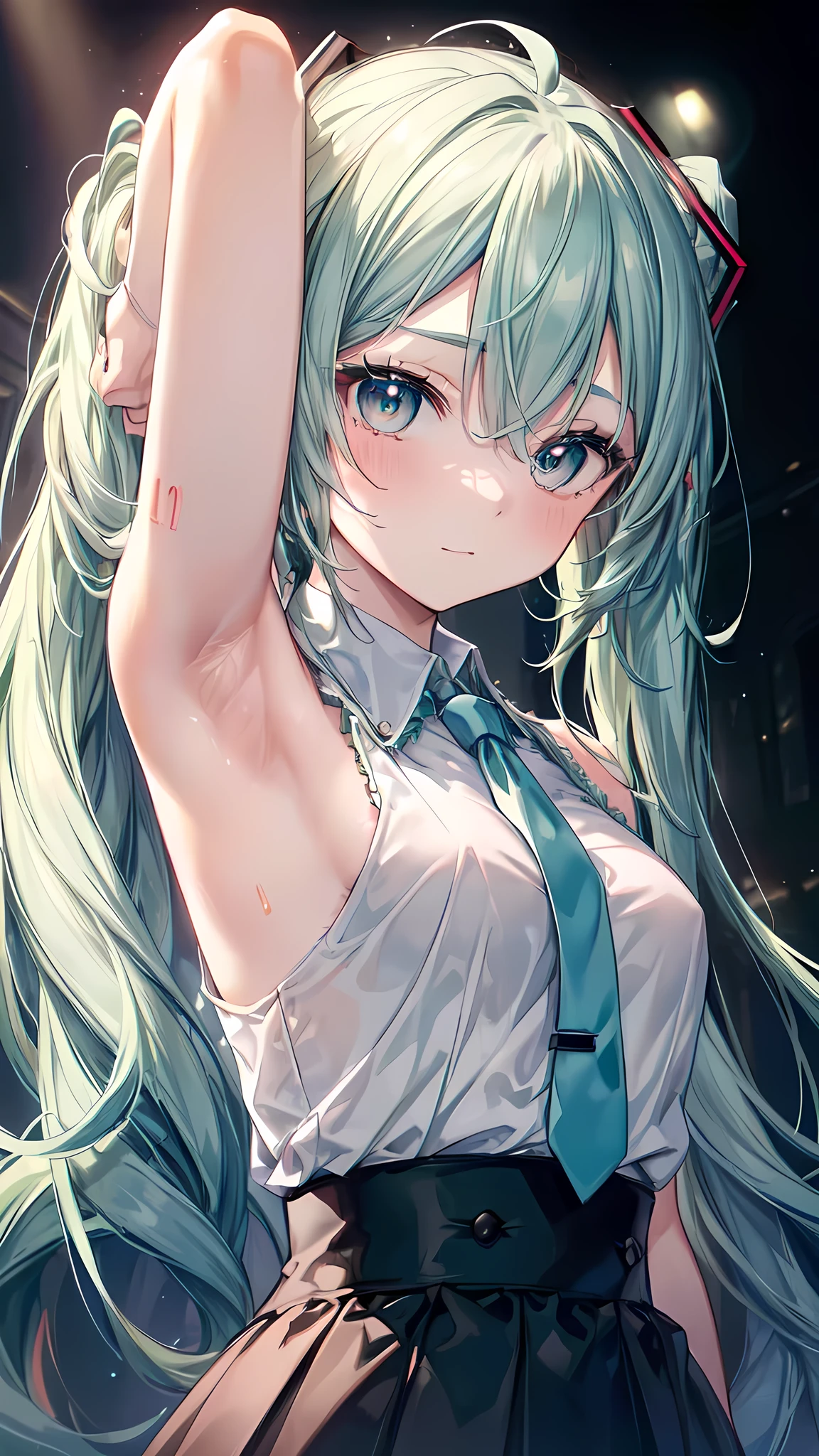 ((masterpiece, sidelighting, finely detailed beautiful eyes: 1.2)), ultra-detailed, ultra high res, professional lighting, high quality makeup, beautiful detailed eyes, sexy, beautiful, big eyes, drooping eye, (Hatsune Miku), (small breasts:1.2), blush cheek, blush body, moist eyes, green hair, absurdly long hair, ahoge, twintails, (gray shirt:1.1), green tie, black mini skirt, Extremely cute, (extremely detailed beautiful face), Authentic skin texture, beautiful hair, beautiful face, beautiful eyes, beautiful body, beautiful hands, (singing:1.1), happy, standing, (face focus, armpit focus:1.6), (concert hall:1.1)