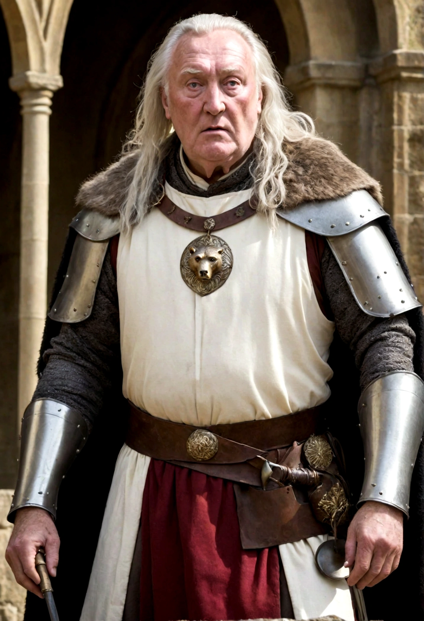 **Appearance:** (Lord Lukaku Kihret, at 71 years old, carries the weight of his years yet still maintains a powerful and menacing presence. His short, graying hair and sharp-featured face reflect the ruthlessness and brutality accumulated over the years. His eyes, reminiscent of a predator's, convey a cold and calculating demeanor. His body bears the scars of countless battles and duels from the past. He typically wears dark, flamboyant clothing, though these garments cannot conceal his feral nature.) **Personality:** Lukaku is a ruthless, sadistic, and violent man. He places no value on human life and takes pleasure in the suffering of others. He is hedonistic and unafraid to indulge in any form of depravity. He is willing to do anything for his own gain and crushes his rivals mercilessly. His intelligence and cunning allow him to cleverly hide these dark traits, presenting himself as a respectable lord in society. ((white European medieval age noble)), ((dnd noble)), ((france noble)), ((white man)), (((71 years old noble man)))