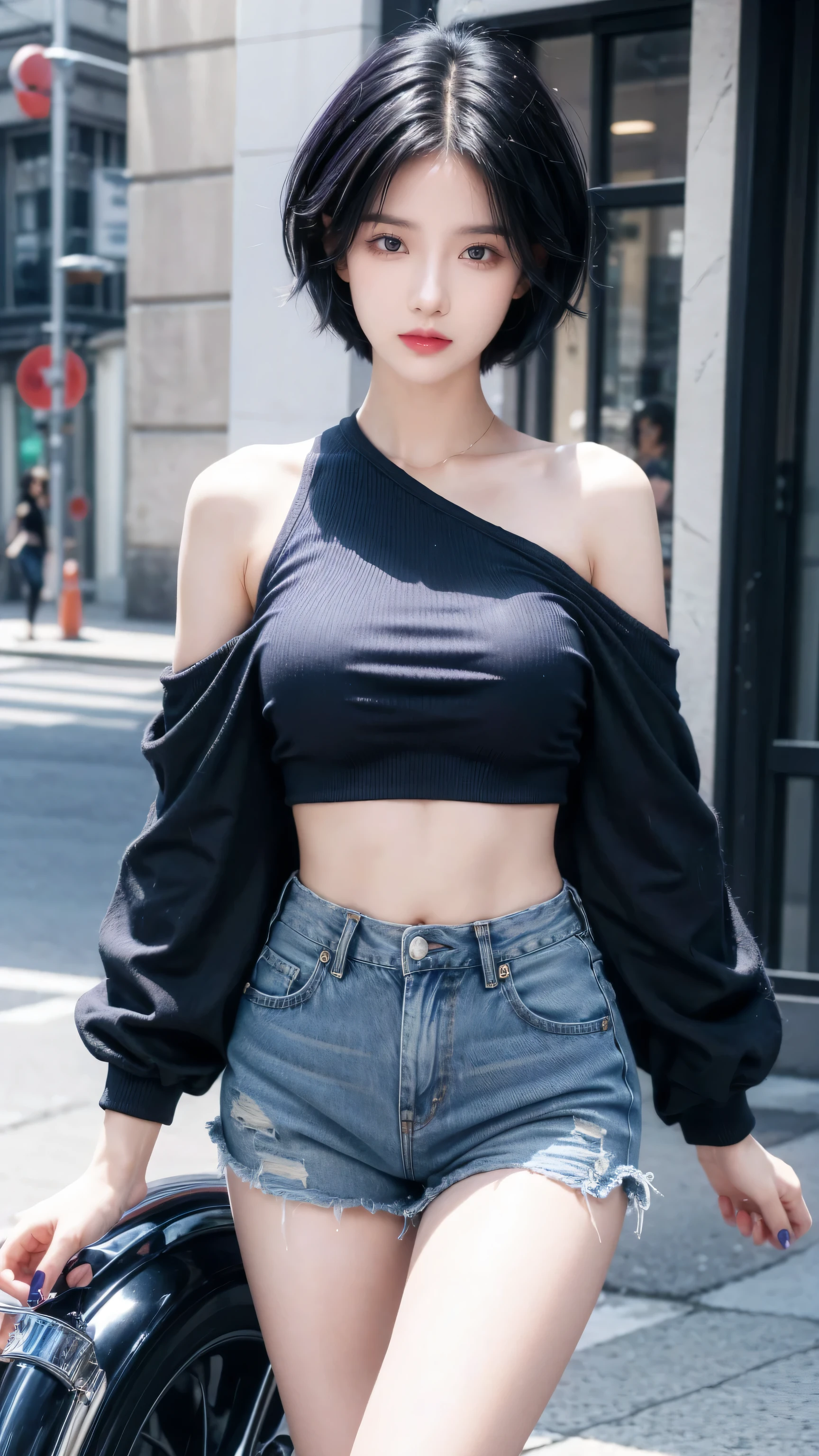best quality, 1 Girl, dark blue hair, black eyes, Very short hair, Spiky hair, Crop Top Drape purple, , High waist short jeans, 171 cm, Messy hair, Hair between the eyes, Medium breasts, full, Tomboy, aldult, 20 years old, 1 Girl near purple motorcycle