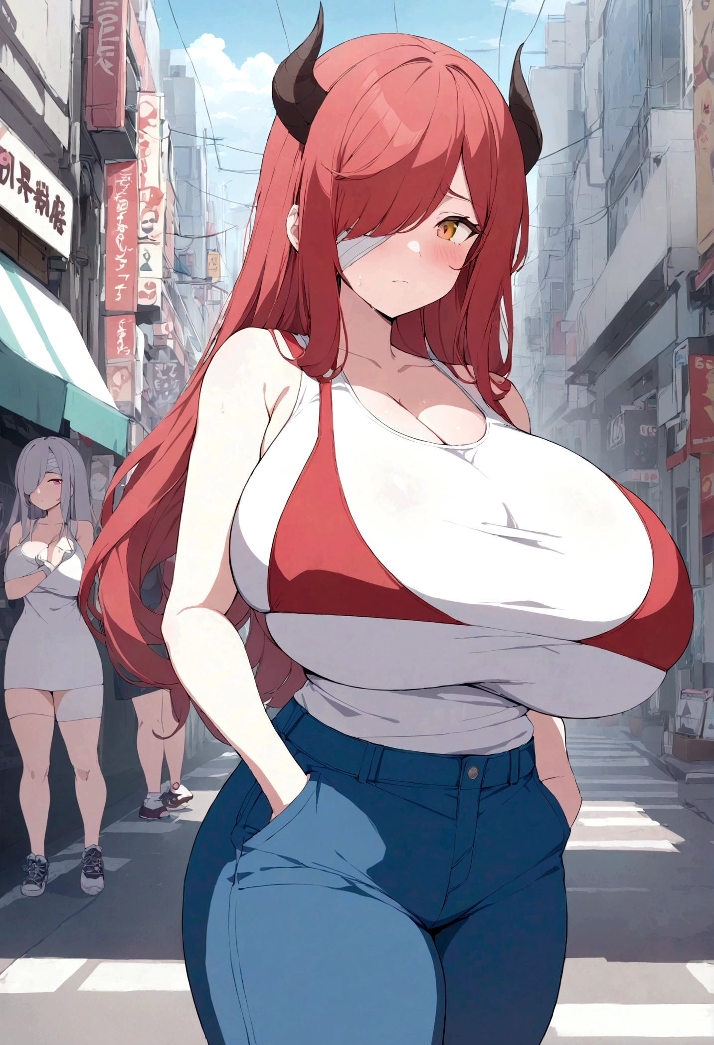 (masterpiece, best quality:1.2) best quality, focus, a closeup of a cartoon of a woman, girl design, portrait, giesha, anime image, long hair, red hair, heterochromia eyes, hair covering horns, demon horns, shy and sad look, sport tank red bra, blue jeans, sneakers, round thick giant breasts, hands in pocket,  ((huge breasts)), ((large breasts)), ((enormus breasts)), bandage over one eye, in tokyo street , tokyo anime style, masterpiece, highres