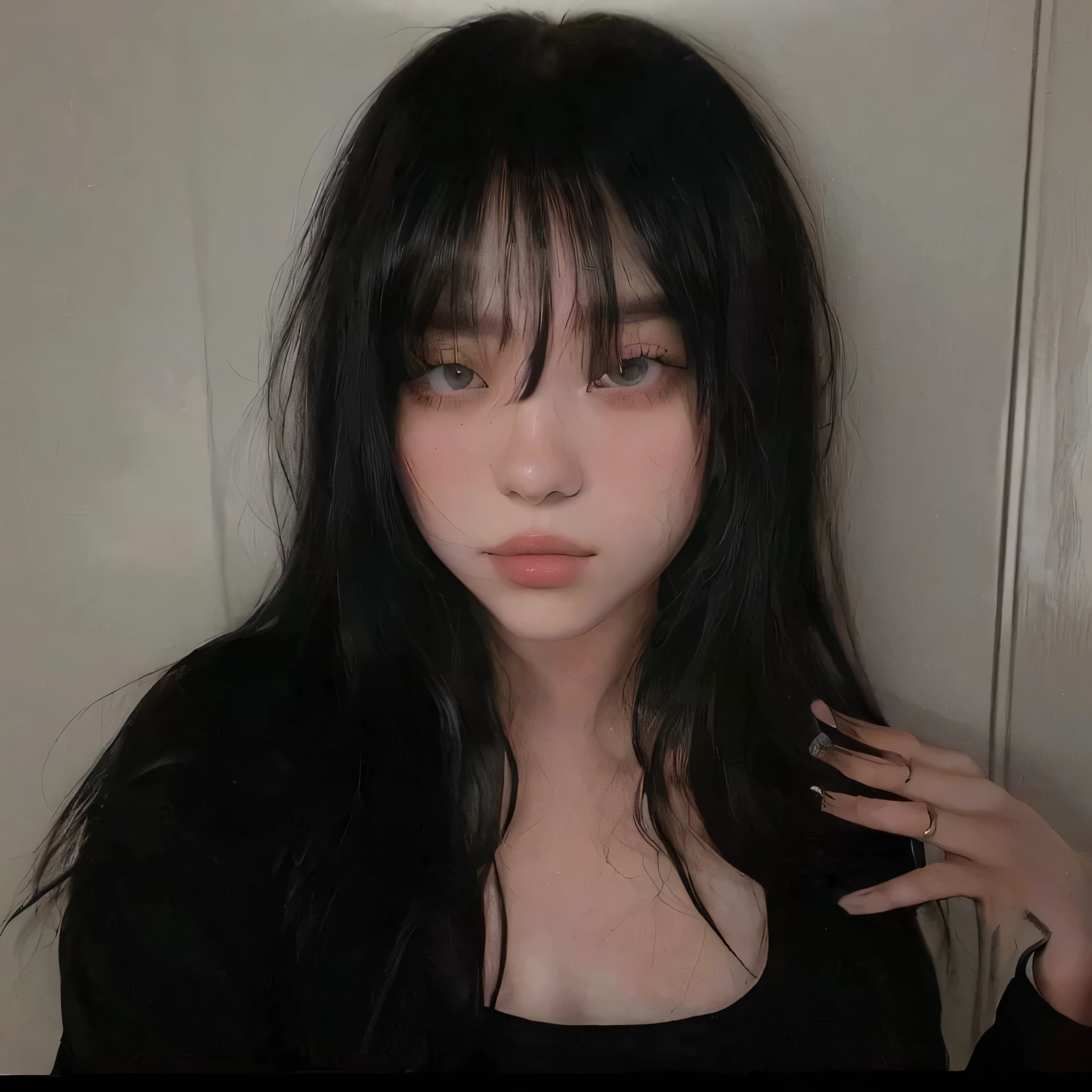 hay una mujer con cabello largo y negro posando para una foto, she has black hair Con flequillo, Con flequillo, con flequillo completo, long hair con flequillo completo, Flequillo con raya al centro, long hair Con flequillo, cabello con flequillo negro, flequillo esponjoso, cruel korean gothic girl, long black hair Con flequillo, long dark hair Con flequillo, neat hair Con flequillo